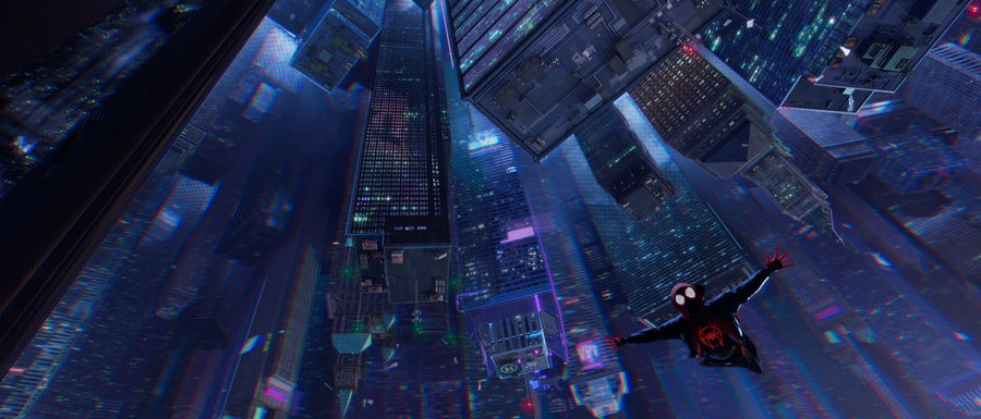 Miles Morales falls above a neon-lit city in Spider-Man: Into the Spider-Verse